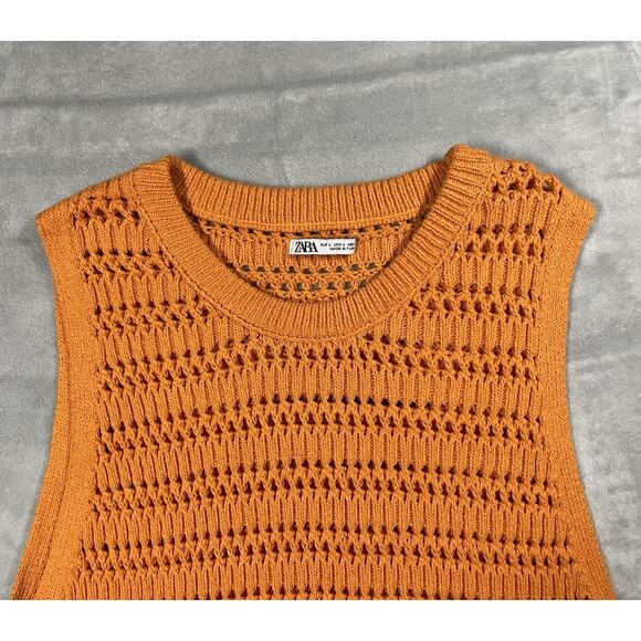 ZARA Sleeveless Size L Crew Neck Open Knit Orange Sweater Vest Autumnal Layering - Picture 3 of 11